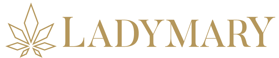logo vom ladymary legal highs shop inform eines hanfblattes in gold und dem schriftzug