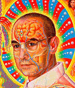 Der Entdecker des LSD Albert Hofmann umgeben von bunten Strahlen