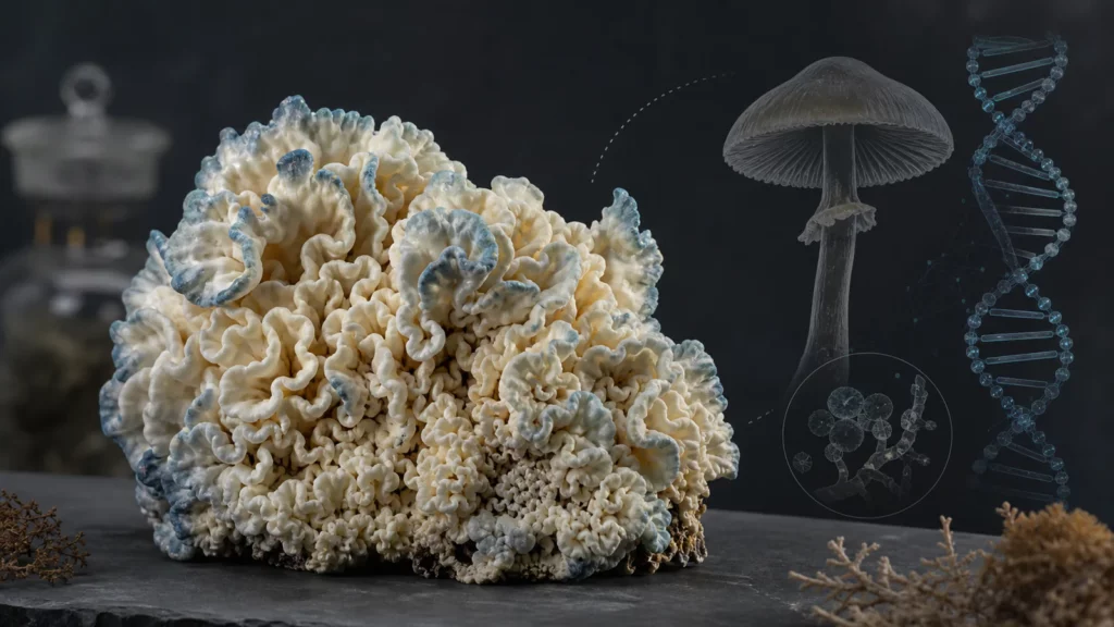 Enigma Pilz: Herkunft, Genetik und Forschung 1 Makroansicht einer cremefarbenen, korallenartig gefalteten Enigma-Pilzform mit dezenten blauen Druckstellen und DNA-Vergleich
