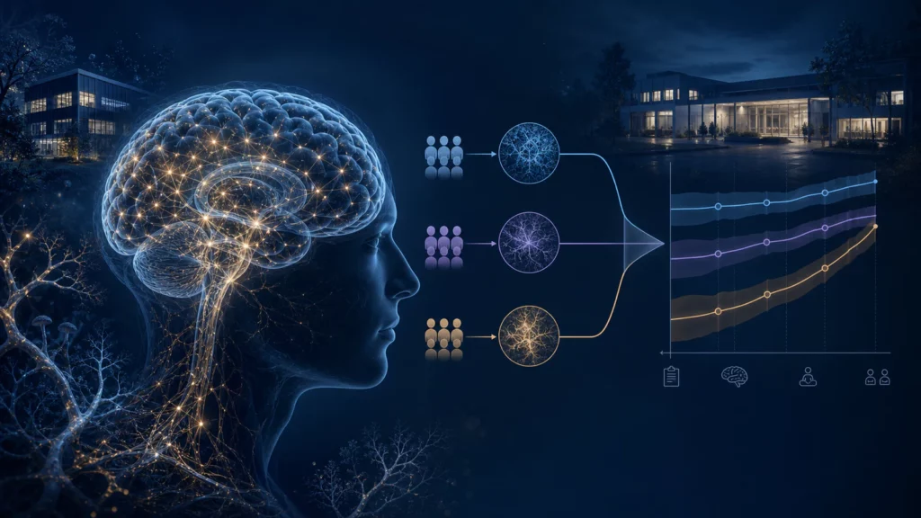 Wissenschaftliche Illustration der EPIsoDE-Studie mit Gehirnnetzwerk, drei Studiengruppen und Ergebnisverläufen