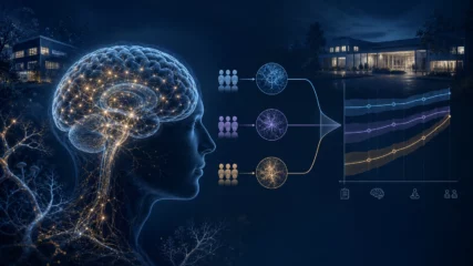 Wissenschaftliche Illustration der EPIsoDE-Studie mit Gehirnnetzwerk, drei Studiengruppen und Ergebnisverläufen