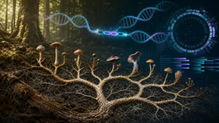 Verzweigter Pilzstammbaum im Waldboden mit verschiedenen Fruchtkörpern, DNA-Strängen und einem übertragenen Gencluster