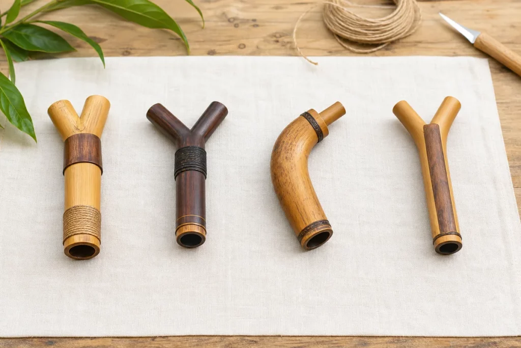 Vier Kuripe- und Tepi-Modelle aus Bambus und Holz im Vergleich