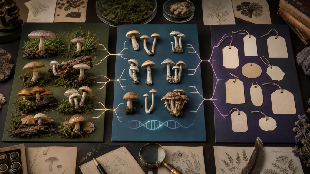 Magic Mushroom Sorten: Arten, Cultivars und Unterschiede 1 Naturkundliche Vergleichstafel mit Wildpilzarten, kultivierten Formen, genetischen Verzweigungen und leeren Handelsetiketten