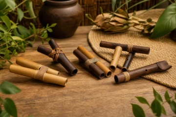 Handgefertigte Kuripe- und Tepi-Accessoires aus Bambus und Holz