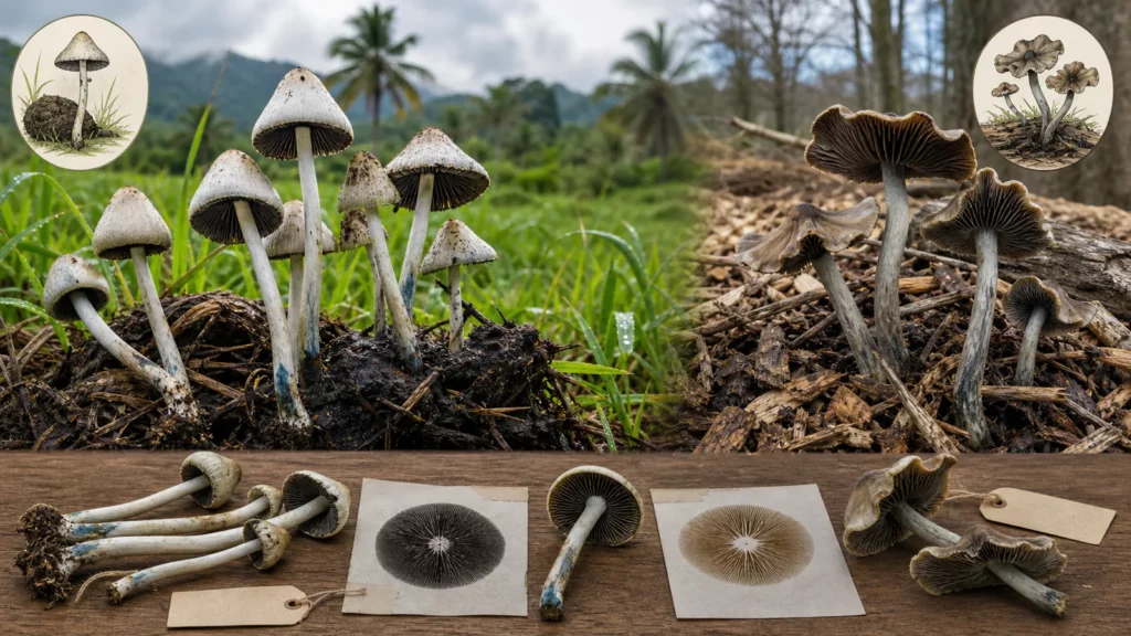Panaeolus-artige Pilze in tropischem Weidehabitat neben getrennten Psilocybe-cyanescens-Exemplaren auf Holz und dunklen Sporenabdrücken