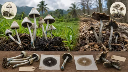 Panaeolus-artige Pilze in tropischem Weidehabitat neben getrennten Psilocybe-cyanescens-Exemplaren auf Holz und dunklen Sporenabdrücken