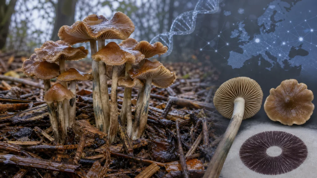 Psilocybe cyanescens: Taxonomie, Ökologie und Verbreitung 1 Karamellbraune Pilze mit welligem Hut auf feuchten Holzschnitzeln, ergänzt durch Lamellenansicht, Sporenabdruck und Genomgrafik