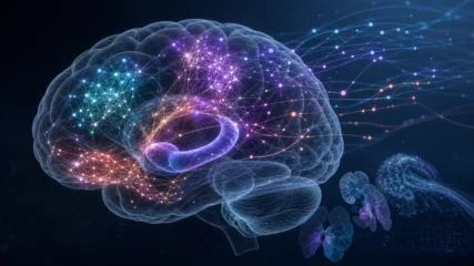 Transparente Gehirnillustration mit leuchtenden, neu verbundenen neuronalen Netzwerken und hervorgehobenem Hippocampus